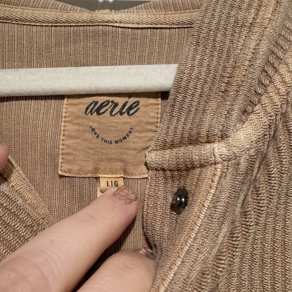 Aerie Tan Ribbed Snap Button Hooded Pullover Size Large - Picture 5 of 7